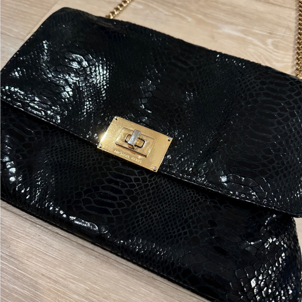 Michael Kors black patent leather python print clutch handbag